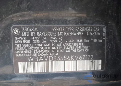 2006 BMW 330Xi from USA, damaged, VIN WBAVD33556KV67172